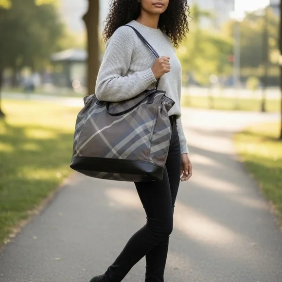 Burberry Gray and Black Tote with Check Pattern - Picture 2 of 5